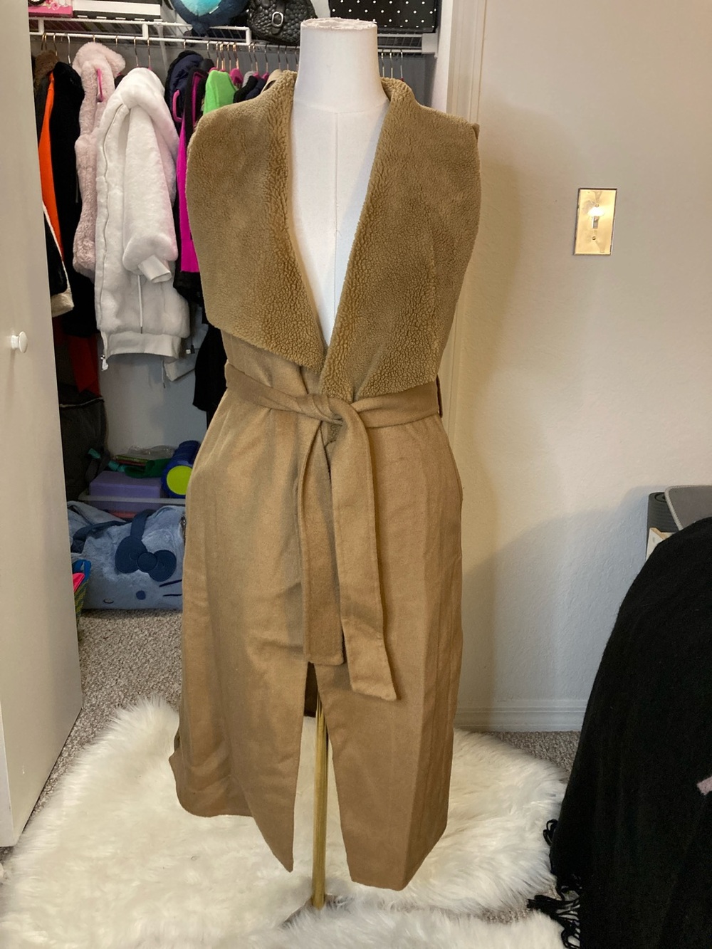 Michael Kors Camel Faux-Suede Long Vest with Sherpa Collar and Belt